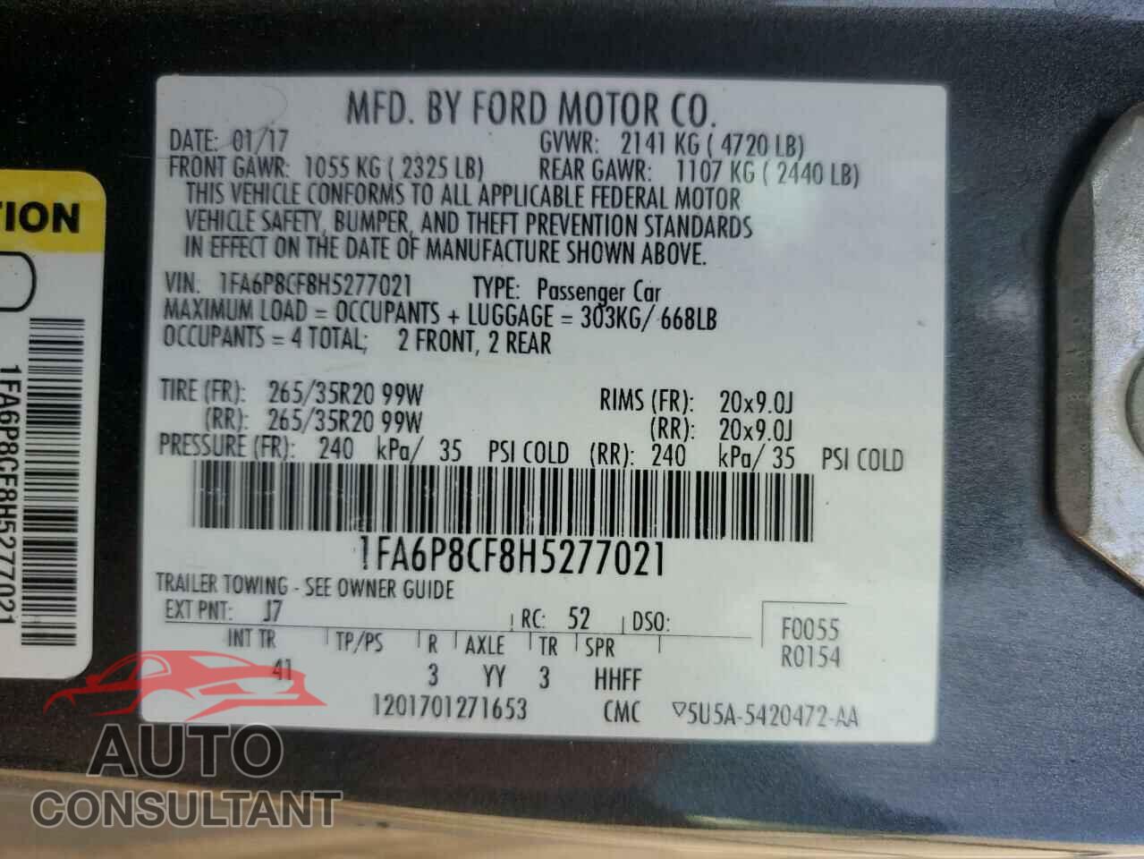 FORD MUSTANG 2017 - 1FA6P8CF8H5277021