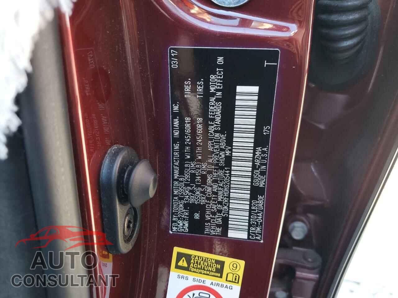 TOYOTA HIGHLANDER 2017 - 5TDKZRFH0HS205441
