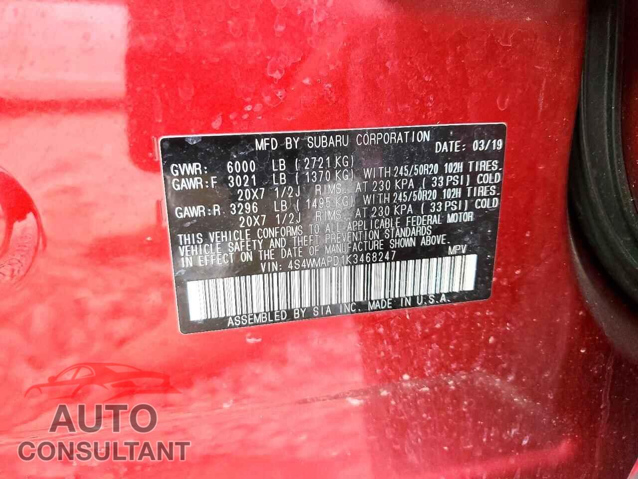 SUBARU ASCENT 2019 - 4S4WMAPD1K3468247