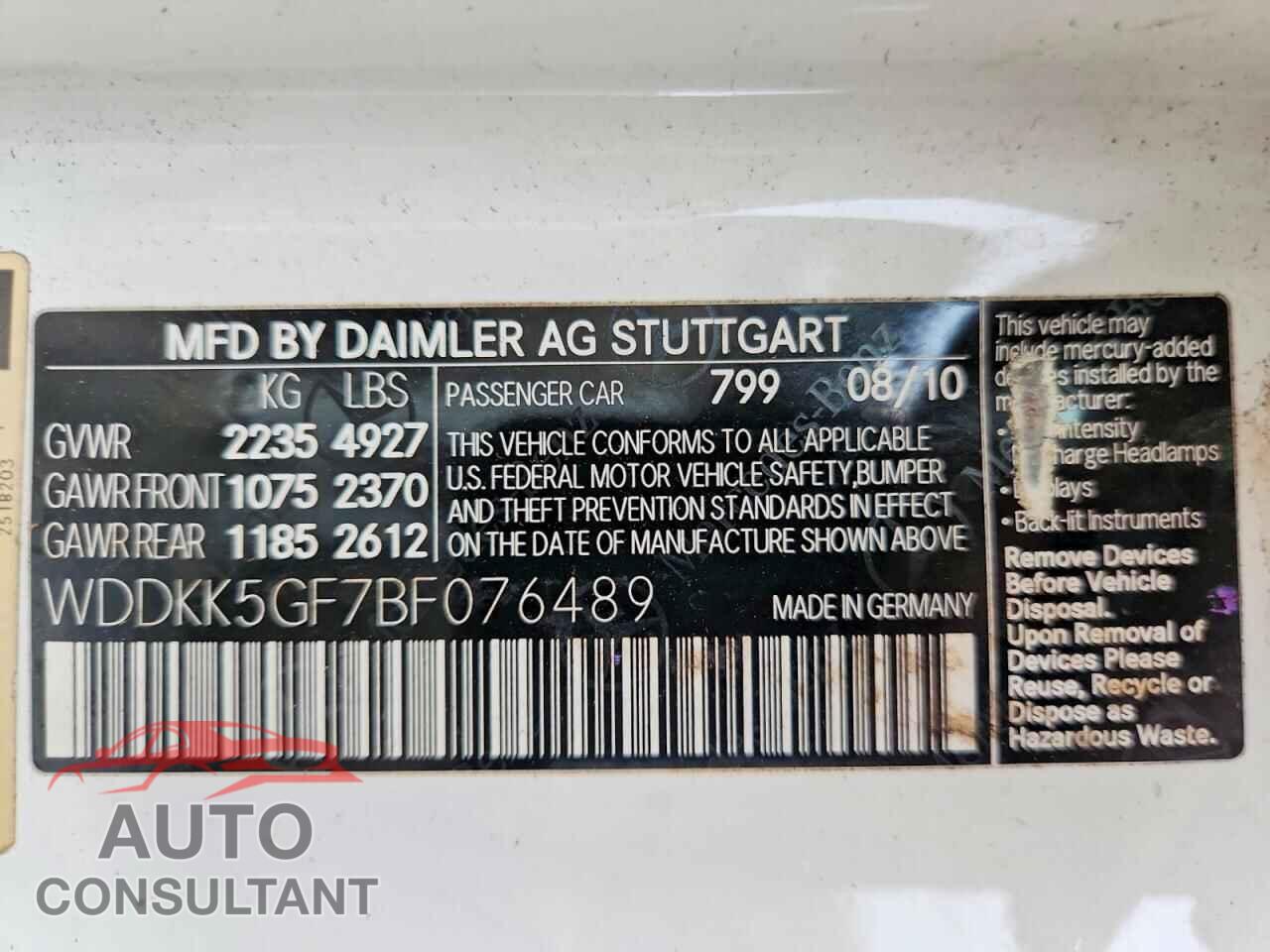 MERCEDES-BENZ E-CLASS 2011 - WDDKK5GF7BF076489