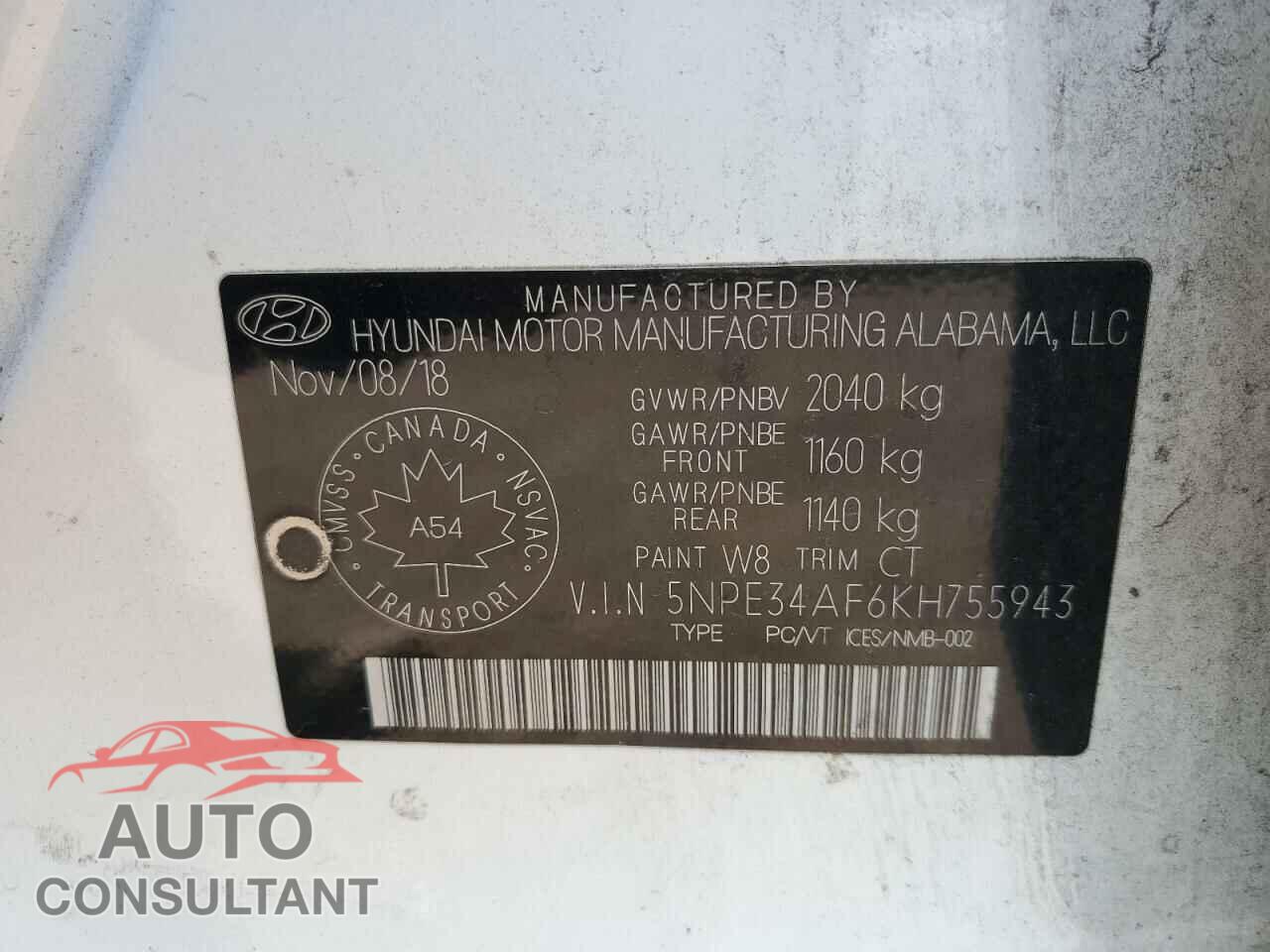 HYUNDAI SONATA 2019 - 5NPE34AF6KH755943