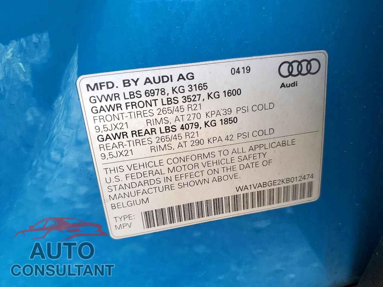 AUDI E-TRON 2019 - WA1VABGE2KB012474