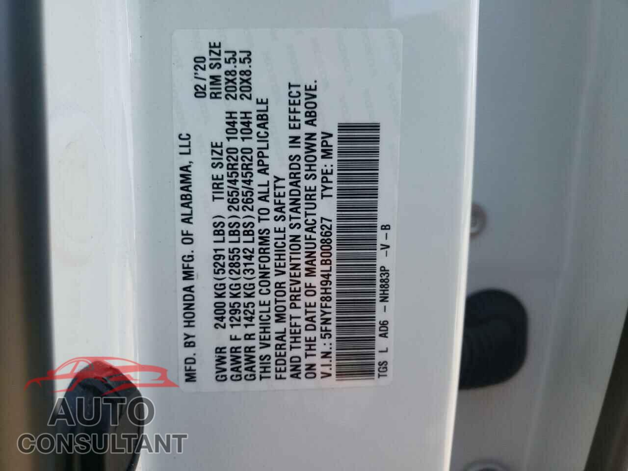 HONDA PASSPORT 2020 - 5FNYF8H94LB008627