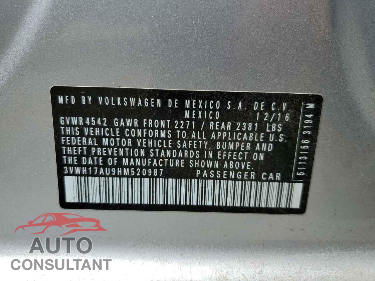VOLKSWAGEN GOLF 2017 - 3VWH17AU9HM520987