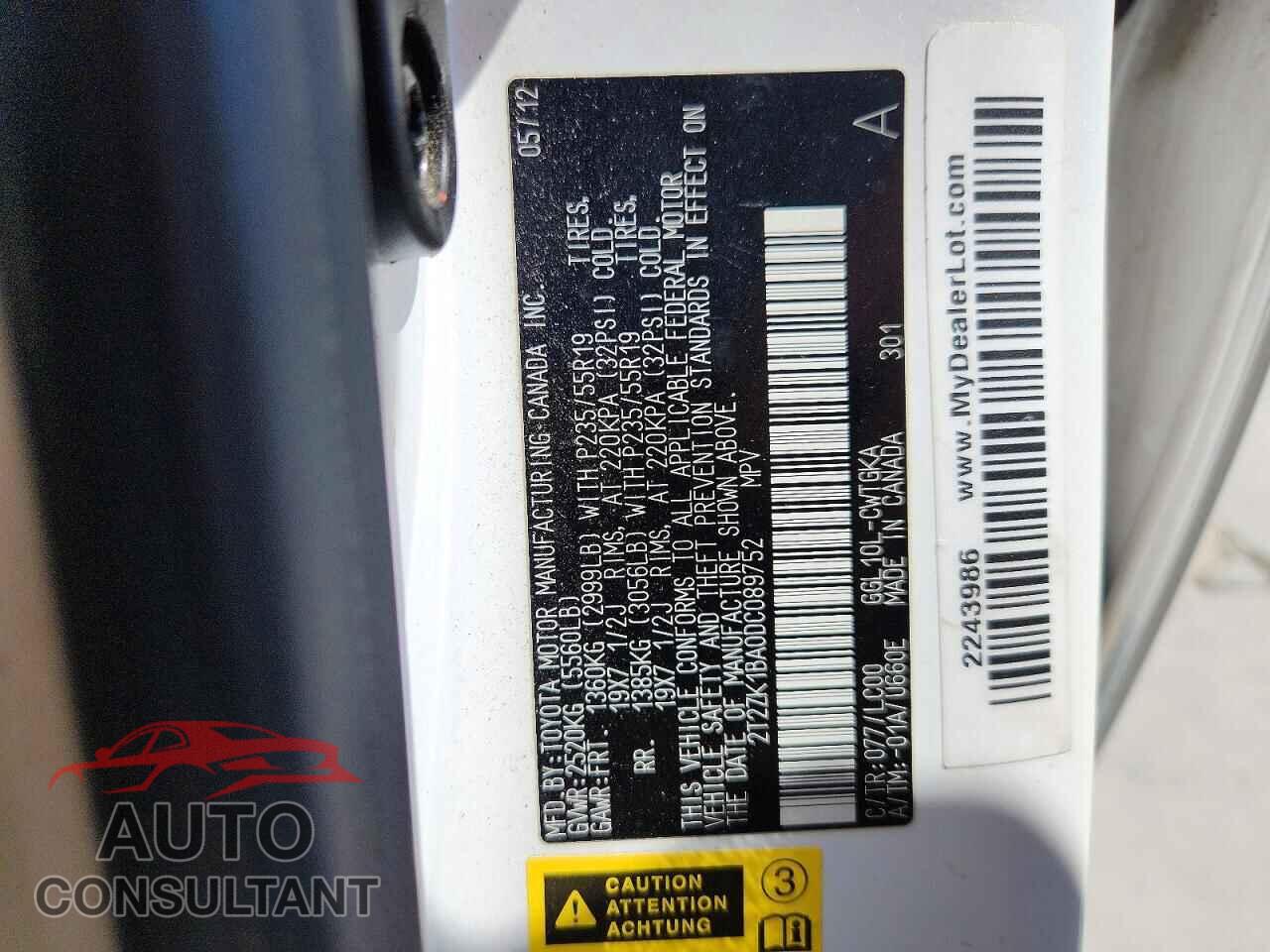 LEXUS RX350 2013 - 2T2ZK1BA0DC089752