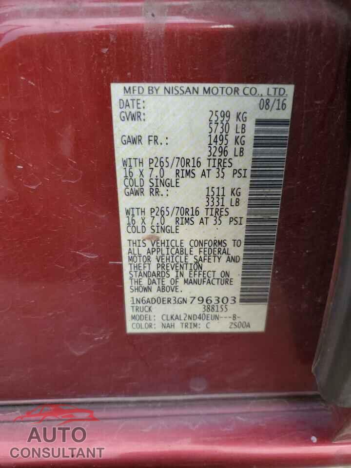 NISSAN FRONTIER 2016 - 1N6AD0ER3GN796303