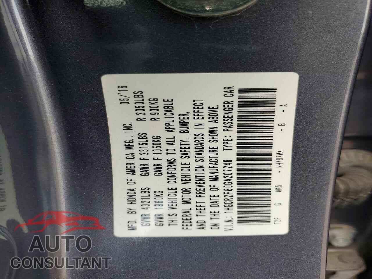HONDA ACCORD 2016 - 1HGCR2F80GA207246