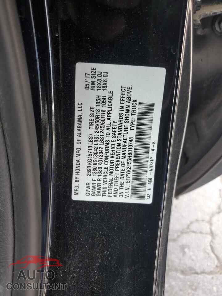 HONDA RIDGELINE 2017 - 5FPYK2F55HB010748