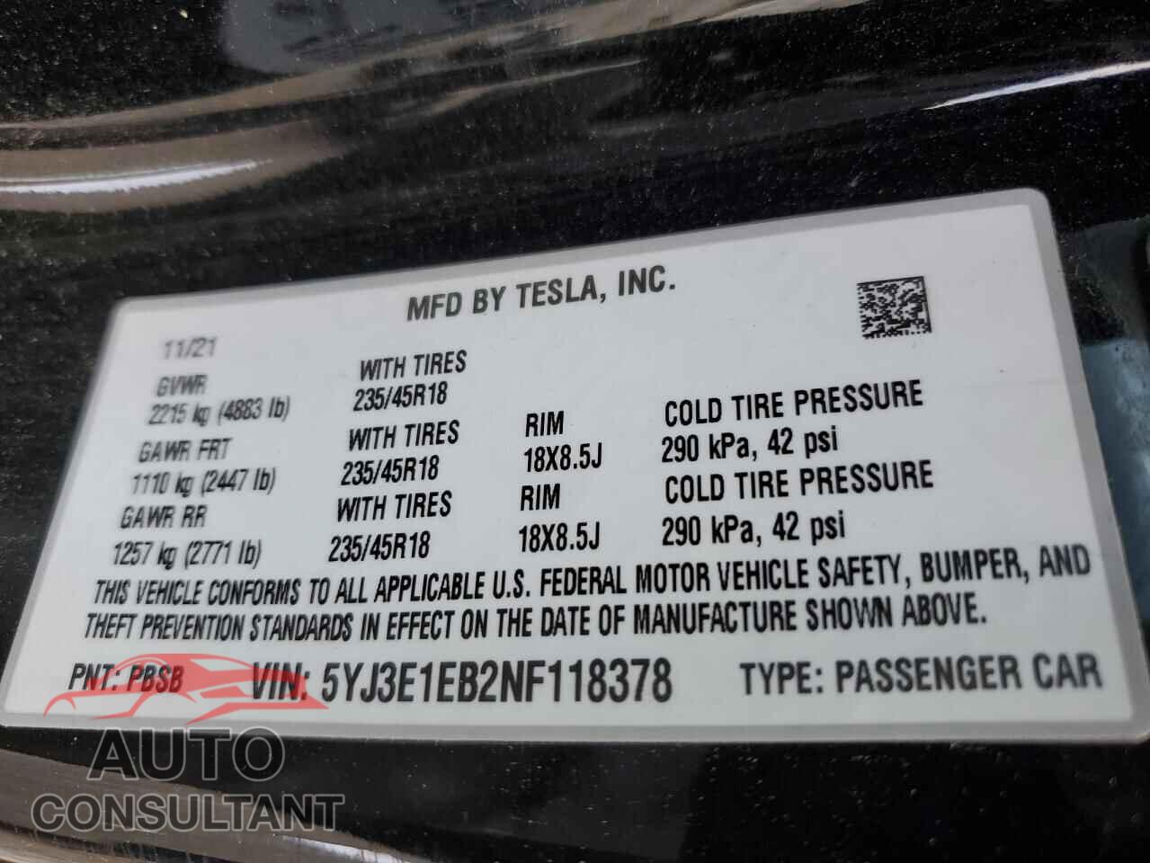 TESLA MODEL 3 2022 - 5YJ3E1EB2NF118378