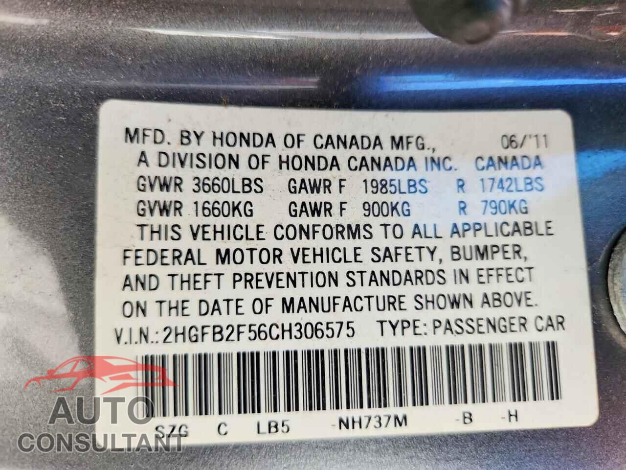 HONDA CIVIC 2012 - 2HGFB2F56CH306575