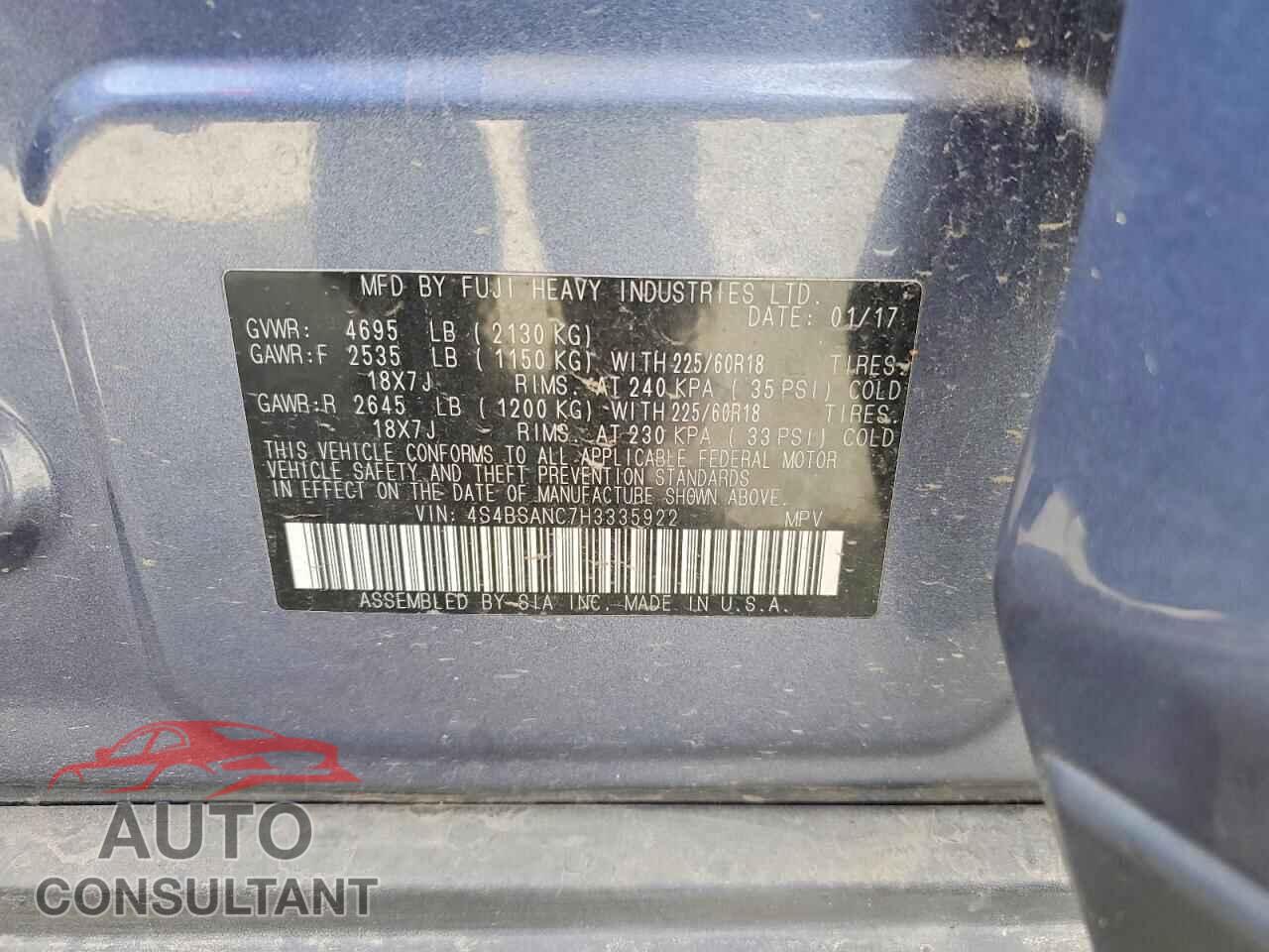 SUBARU OUTBACK 2017 - 4S4BSANC7H3335922