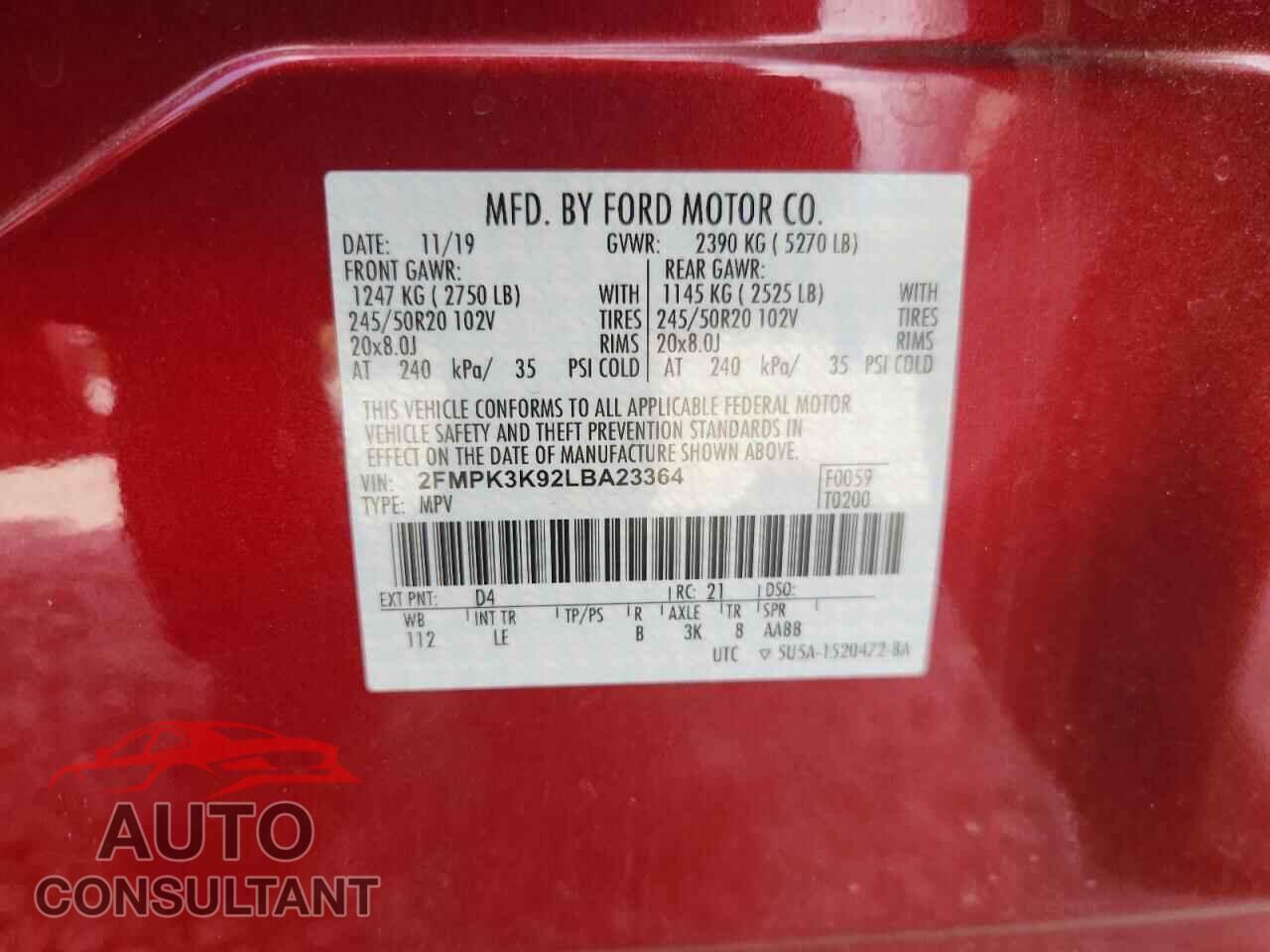 FORD EDGE 2020 - 2FMPK3K92LBA23364
