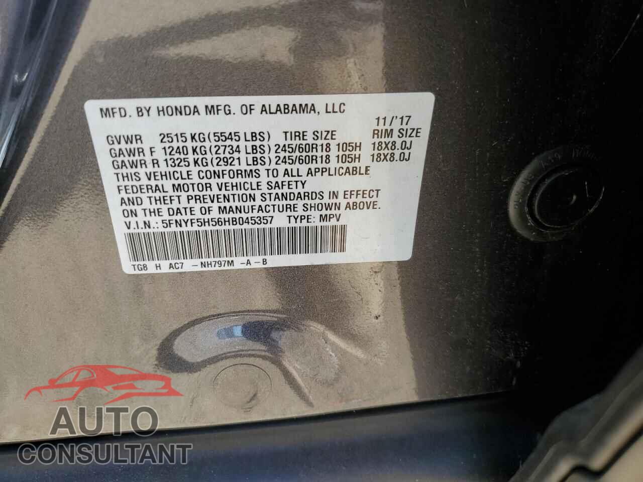 HONDA PILOT 2017 - 5FNYF5H56HB045357
