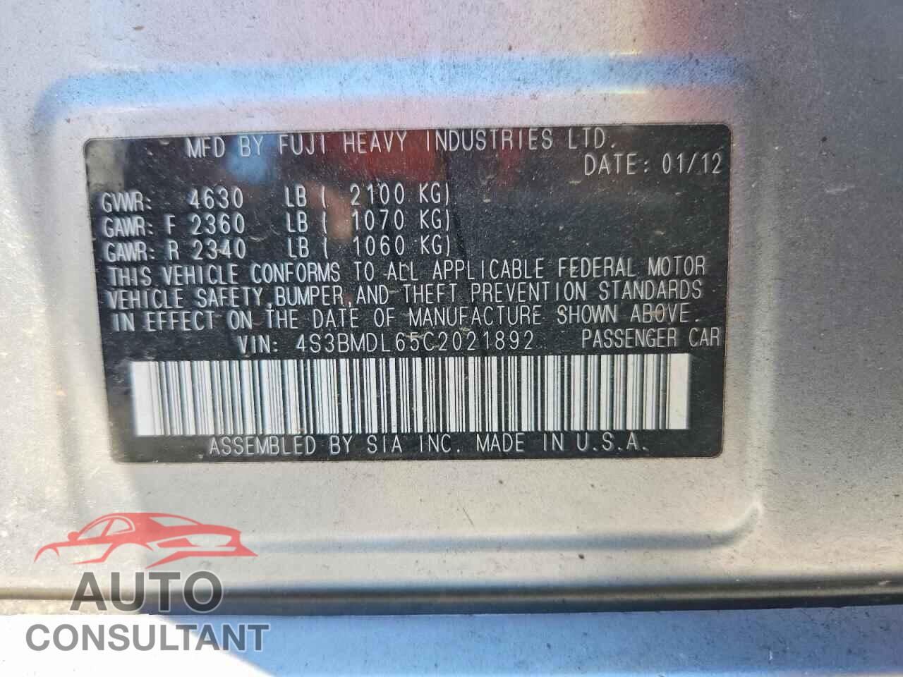 SUBARU LEGACY 2012 - 4S3BMDL65C2021892