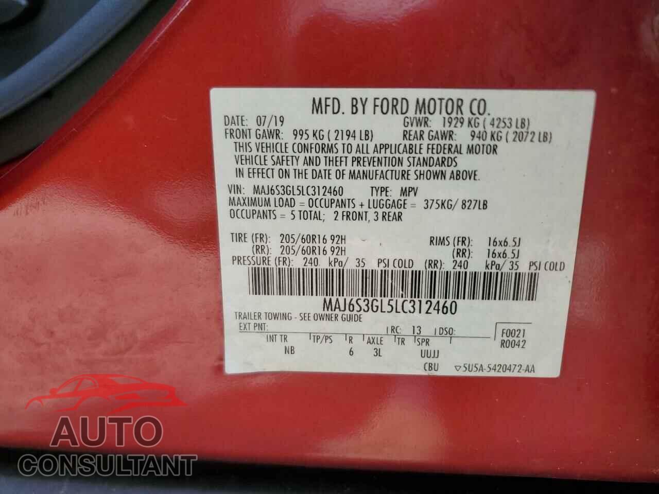FORD ECOSPORT 2020 - MAJ6S3GL5LC312460