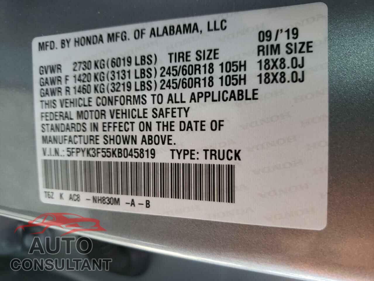 HONDA RIDGELINE 2019 - 5FPYK3F55KB045819