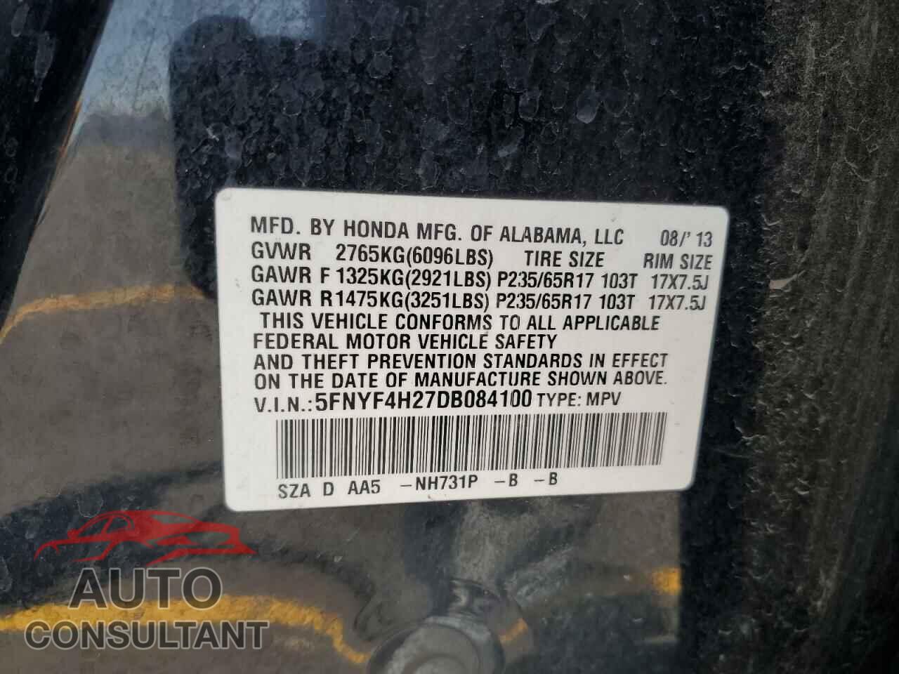HONDA PILOT 2013 - 5FNYF4H27DB084100