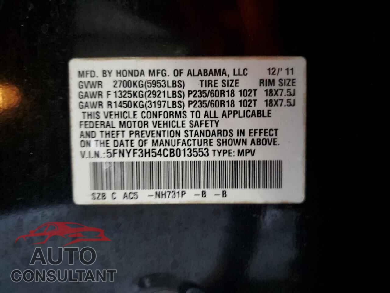 HONDA PILOT 2012 - 5FNYF3H54CB013553
