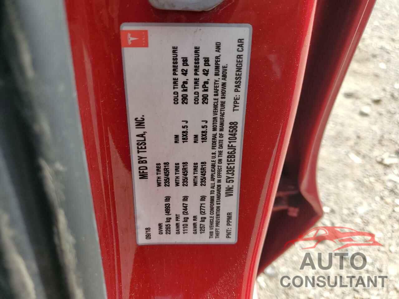 TESLA MODEL 3 2018 - 5YJ3E1EB6JF104588