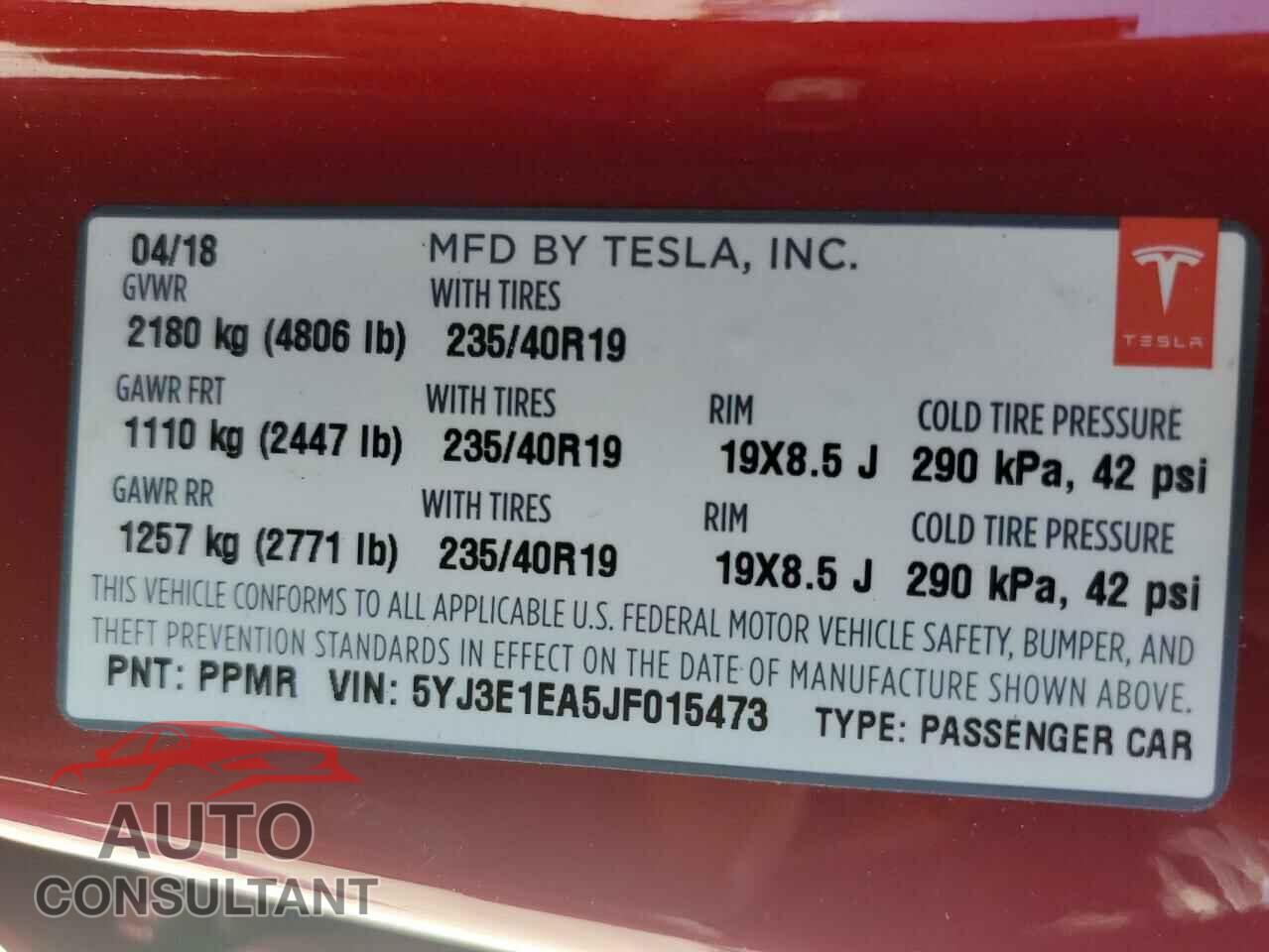 TESLA MODEL 3 2018 - 5YJ3E1EA5JF015473