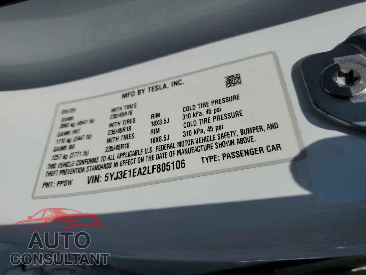 TESLA MODEL 3 2020 - 5YJ3E1EA2LF805106
