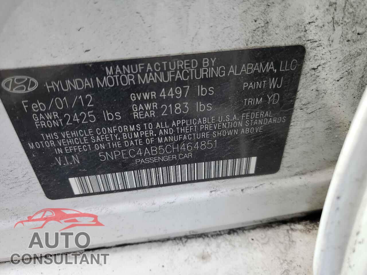 HYUNDAI SONATA 2012 - 5NPEC4AB5CH464851
