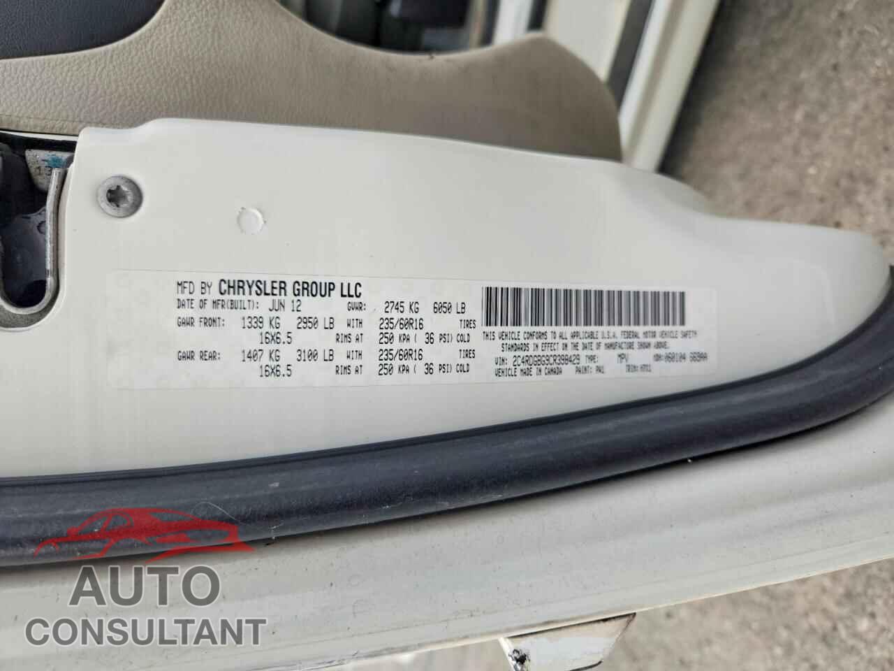 DODGE CARAVAN 2012 - 2C4RDGBG9CR398429