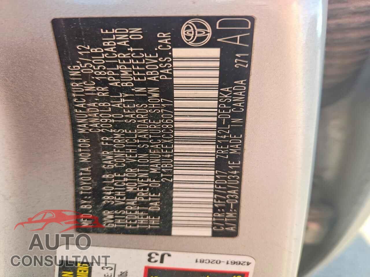 TOYOTA COROLLA 2012 - 2T1BU4EEXCC860717