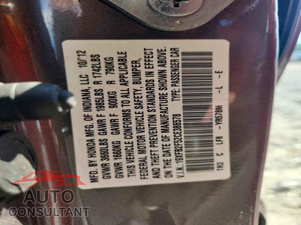HONDA CIVIC 2012 - 19XFB2F52CE386578
