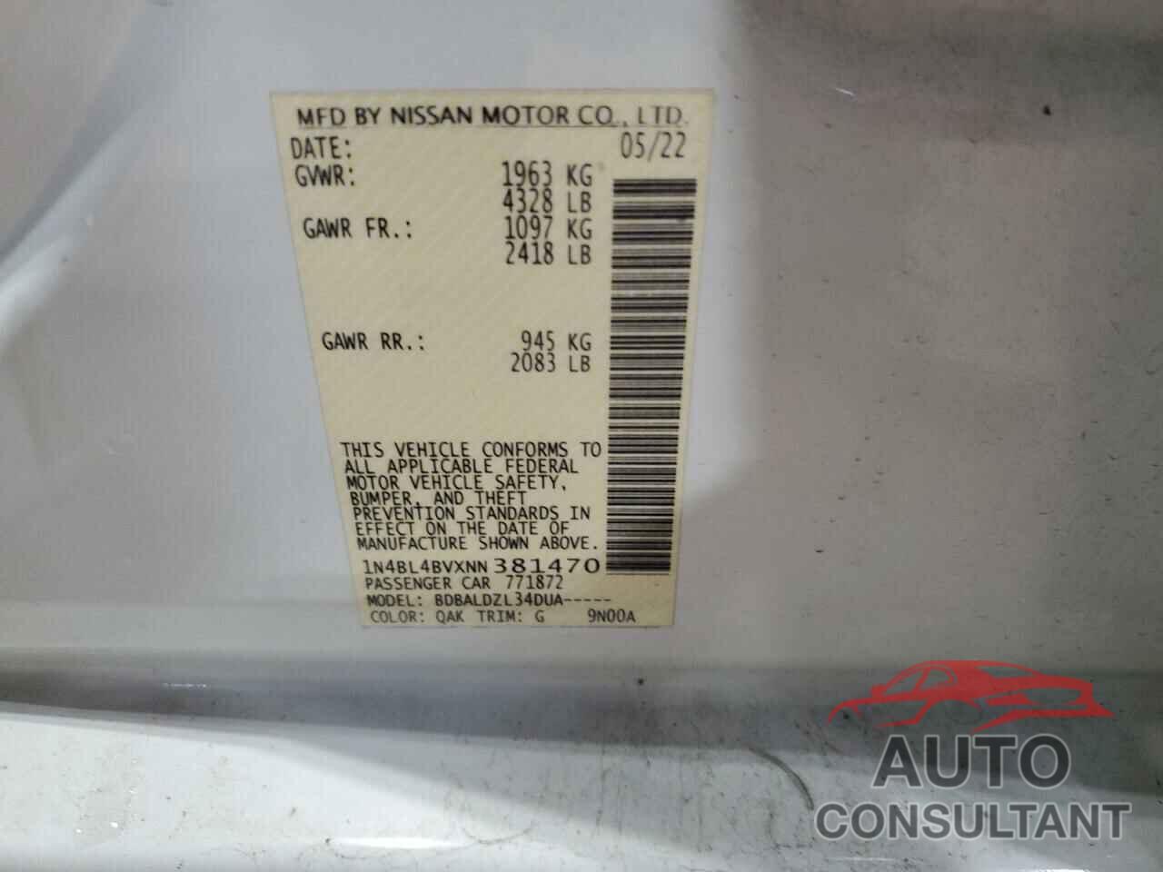 NISSAN ALTIMA 2022 - 1N4BL4BVXNN381470