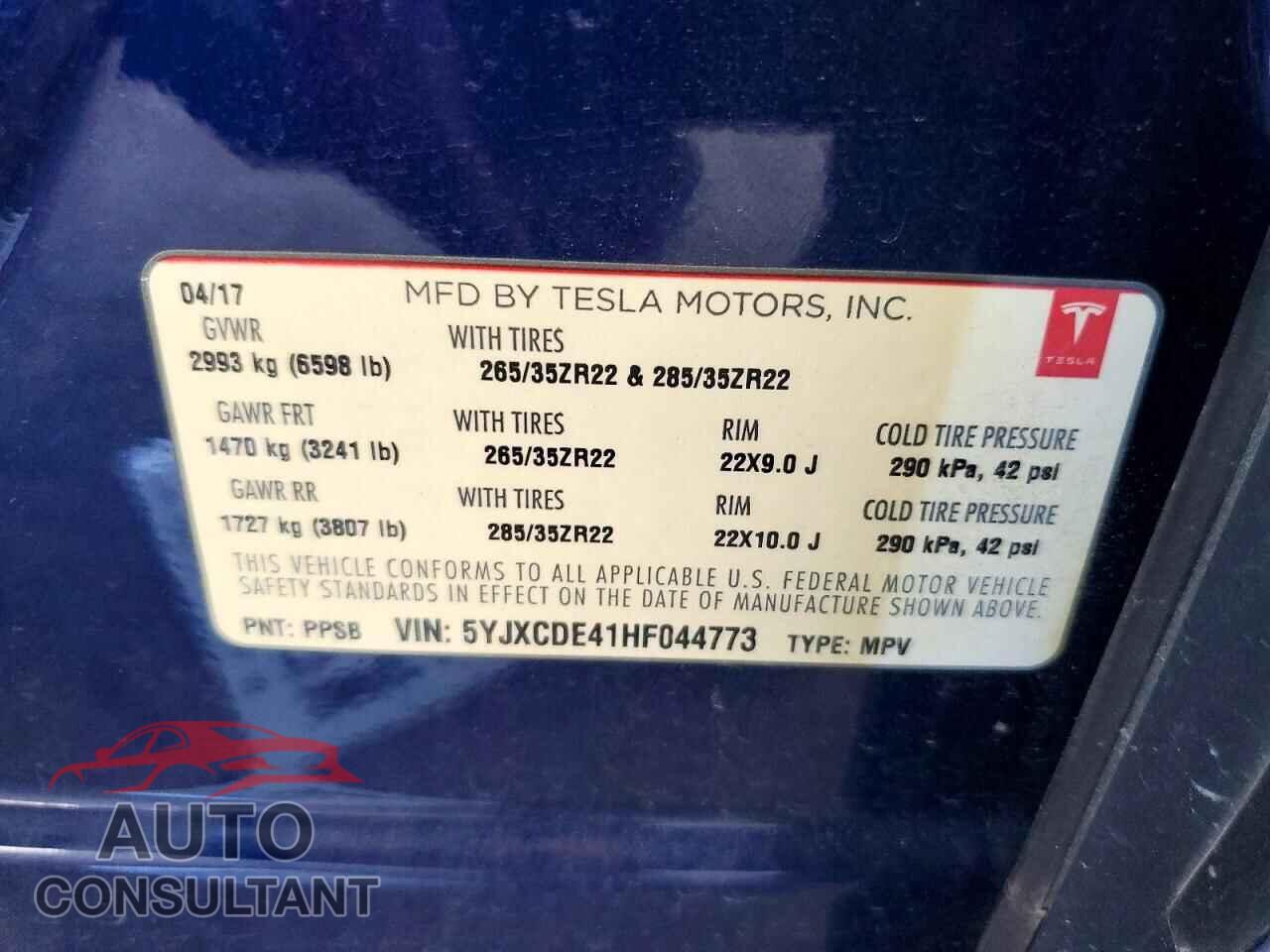 TESLA MODEL X 2017 - 5YJXCDE41HF044773