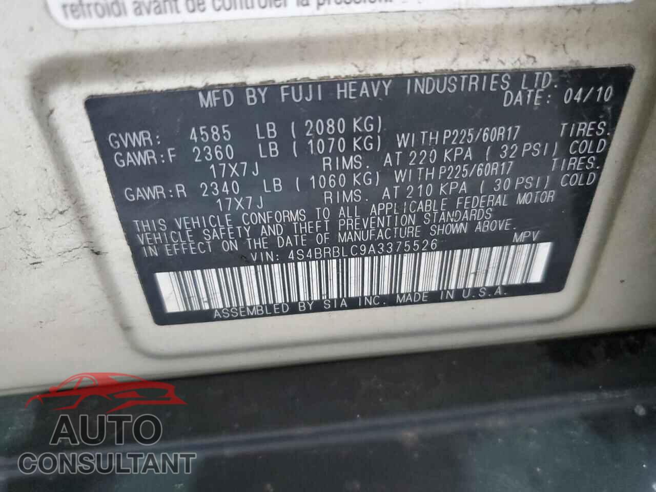 SUBARU OUTBACK 2010 - 4S4BRBLC9A3375526