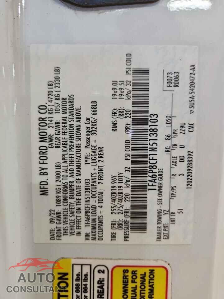 FORD MUSTANG 2022 - 1FA6P8CF1N5138103