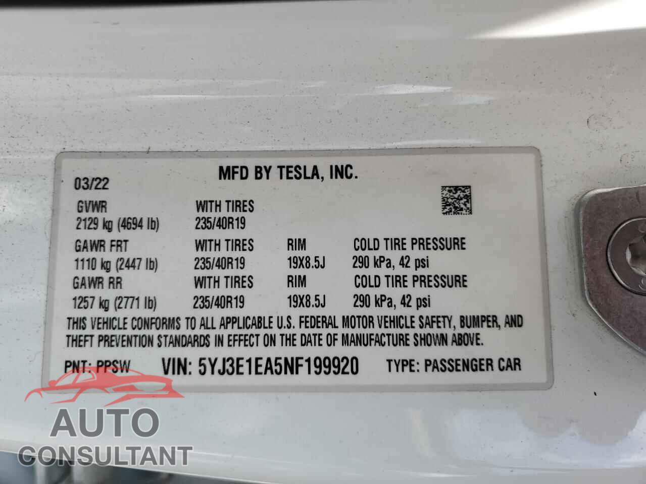 TESLA MODEL 3 2022 - 5YJ3E1EA5NF199920