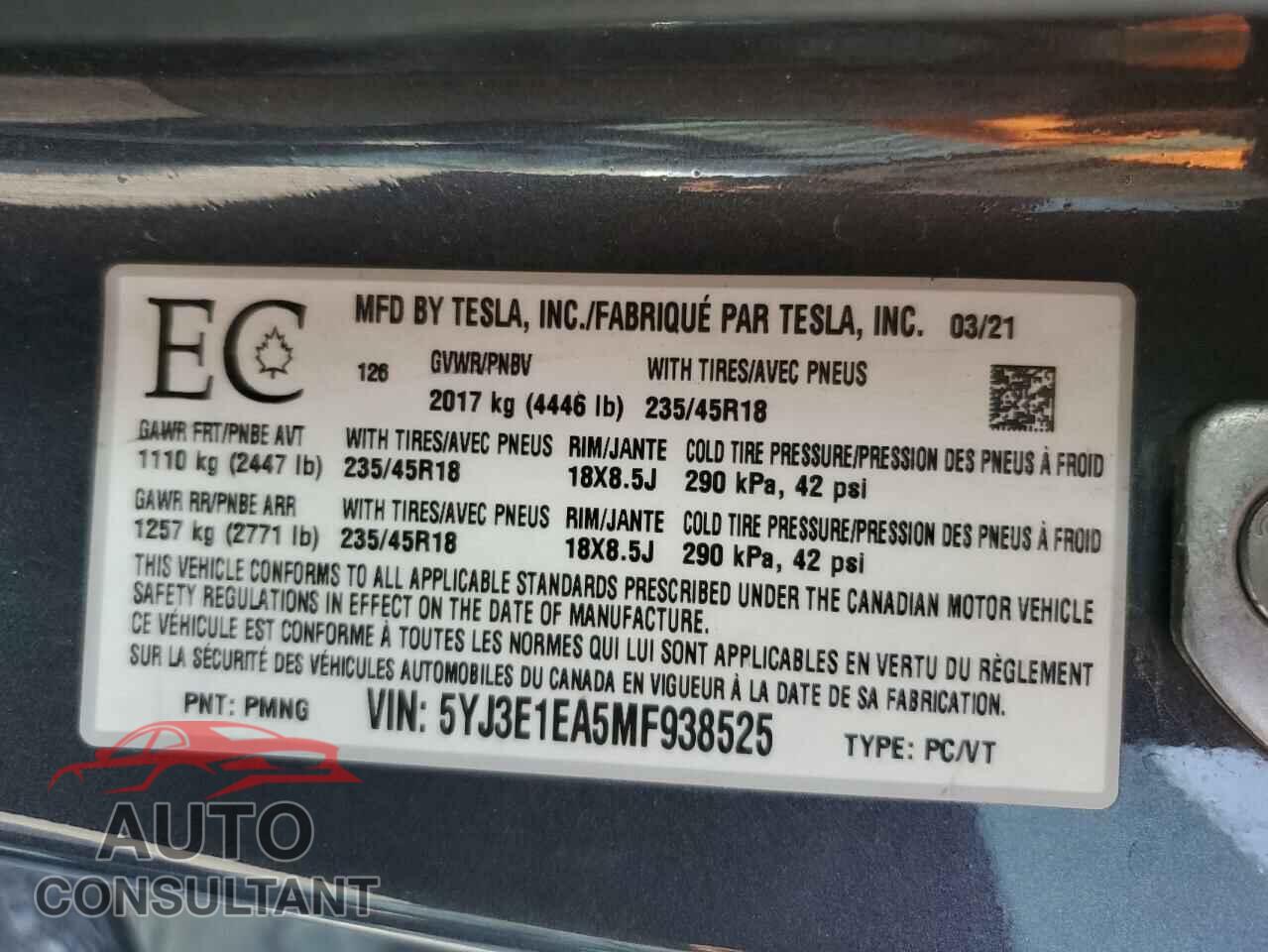 TESLA MODEL 3 2021 - 5YJ3E1EA5MF938525