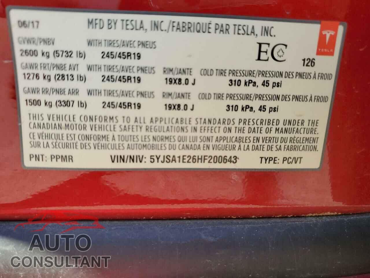 TESLA MODEL S 2017 - 5YJSA1E26HF200643