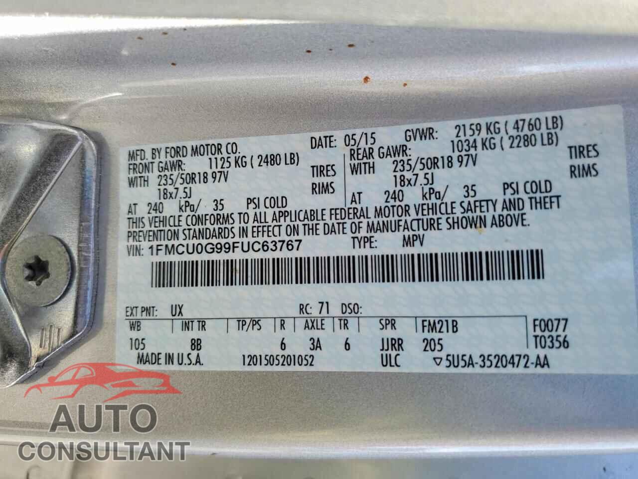 FORD ESCAPE 2015 - 1FMCU0G99FUC63767
