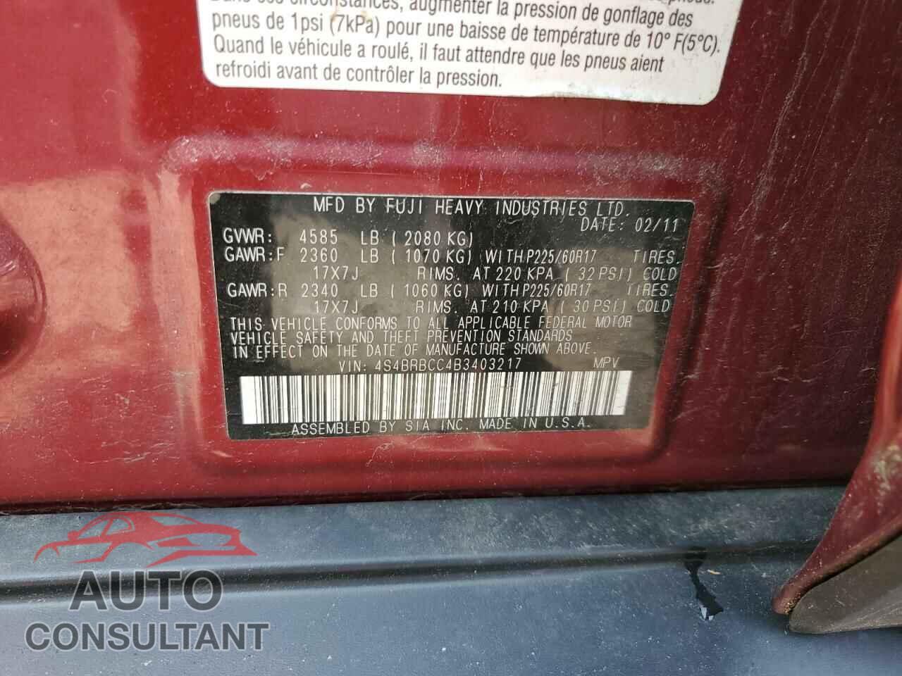 SUBARU OUTBACK 2011 - 4S4BRBCC4B3403217