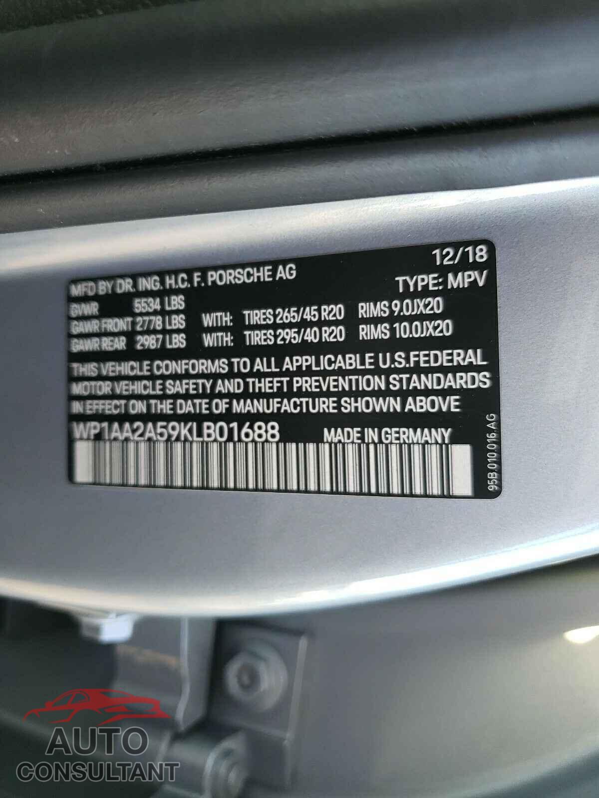 PORSCHE MACAN 2019 - WP1AA2A59KLB01688