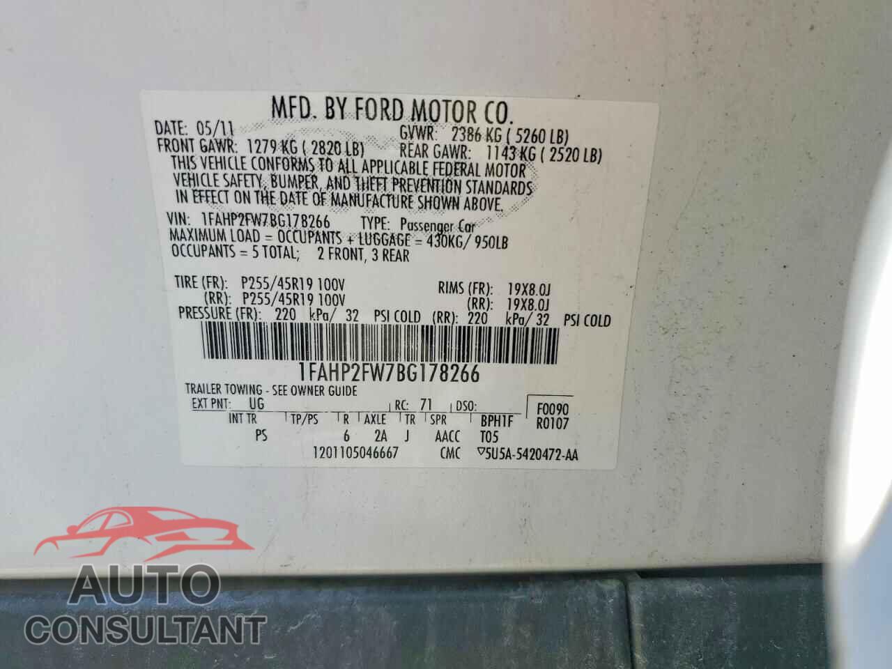 FORD TAURUS 2011 - 1FAHP2FW7BG178266