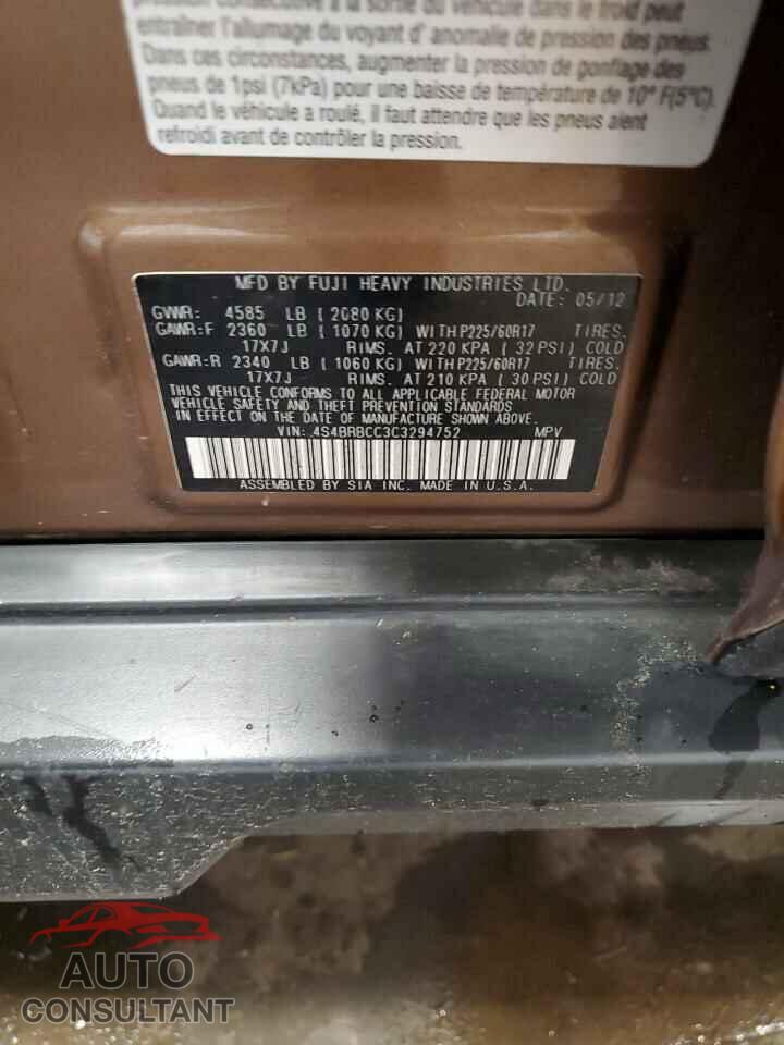 SUBARU OUTBACK 2012 - 4S4BRBCC3C3294752