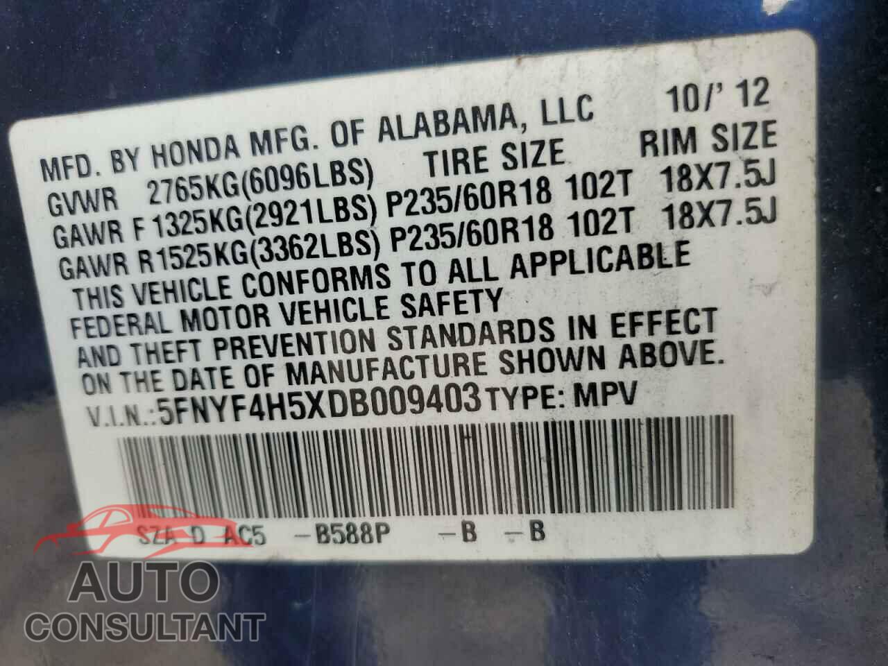 HONDA PILOT 2013 - 5FNYF4H5XDB009403