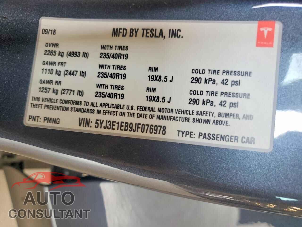 TESLA MODEL 3 2018 - 5YJ3E1EB9JF076978