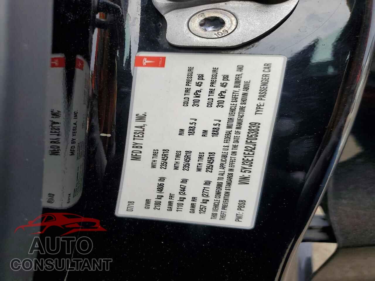 TESLA MODEL 3 2018 - 5YJ3E1EA2JF053839