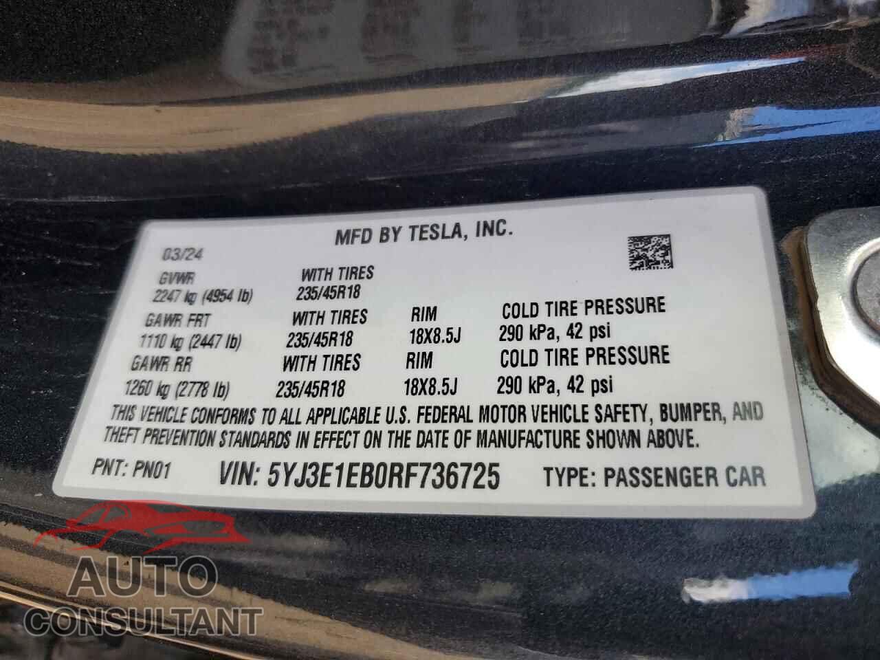 TESLA MODEL 3 2024 - 5YJ3E1EB0RF736725