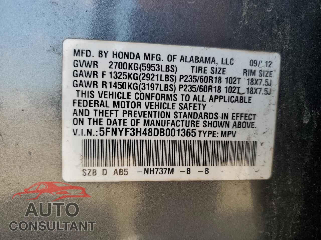 HONDA PILOT 2013 - 5FNYF3H48DB001365