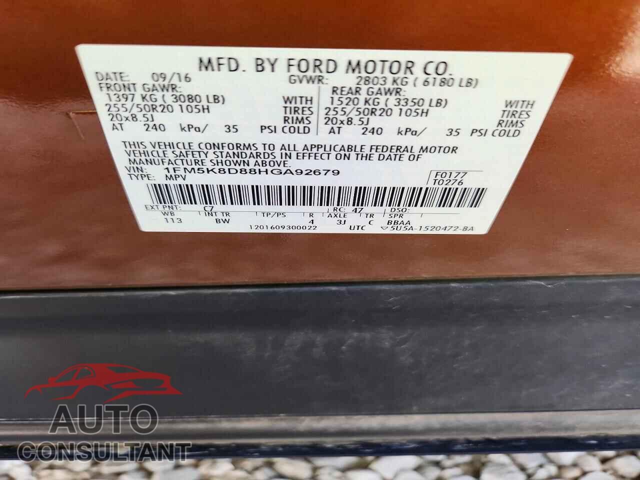 FORD EXPLORER 2017 - 1FM5K8D88HGA92679