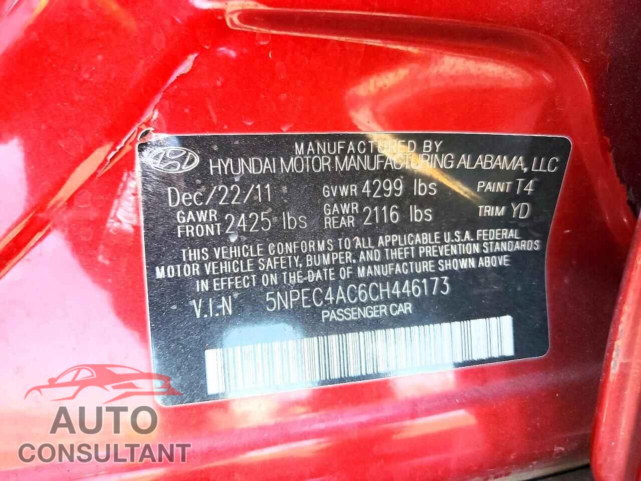 HYUNDAI SONATA 2012 - 5NPEC4AC6CH446173