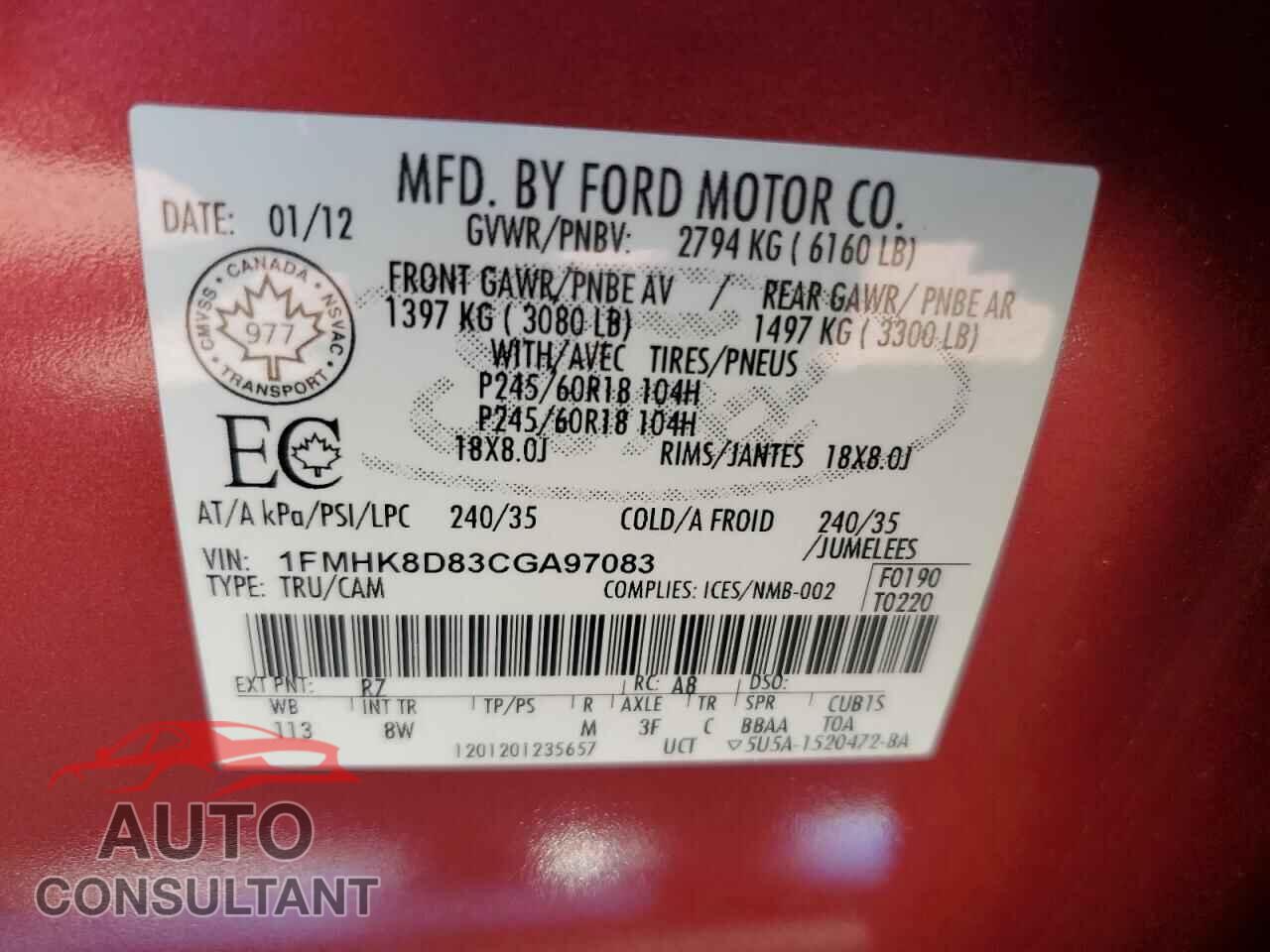 FORD EXPLORER 2012 - 1FMHK8D83CGA97083