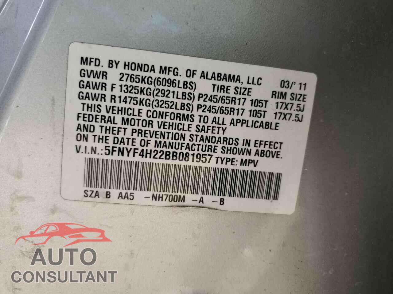 HONDA PILOT 2011 - 5FNYF4H22BB081957